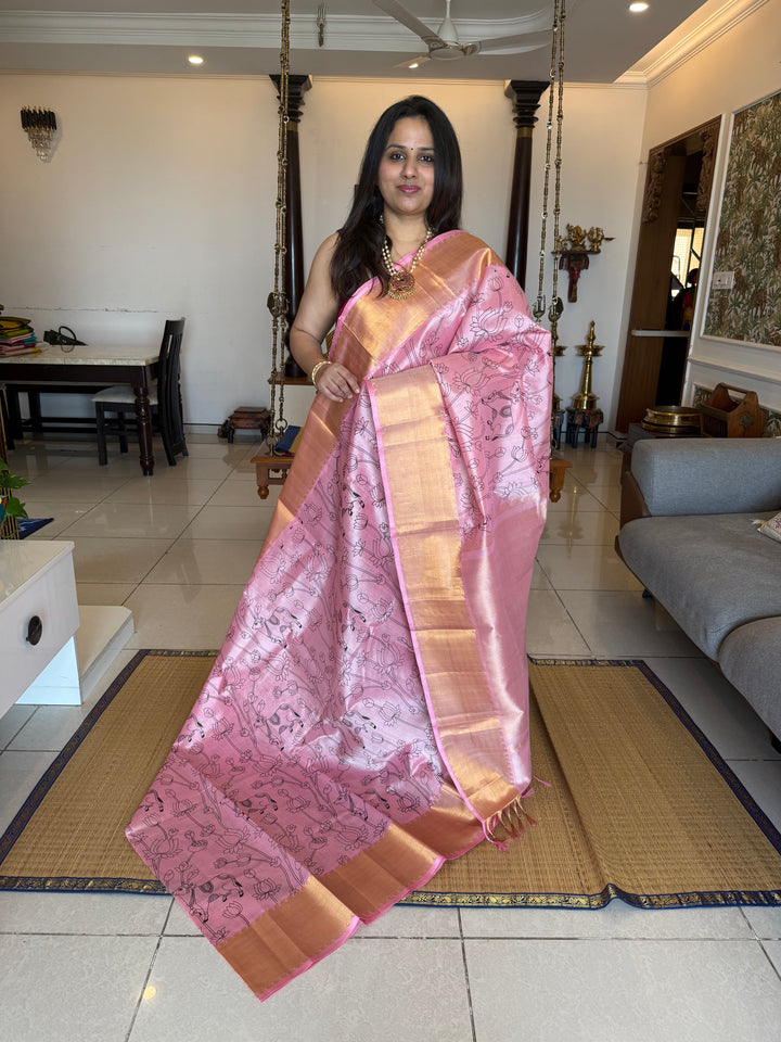 Baby Pink with rich Gold tissue border and rich Tissue Pallu , Pichwai outline printed Silk Cotton Saree
