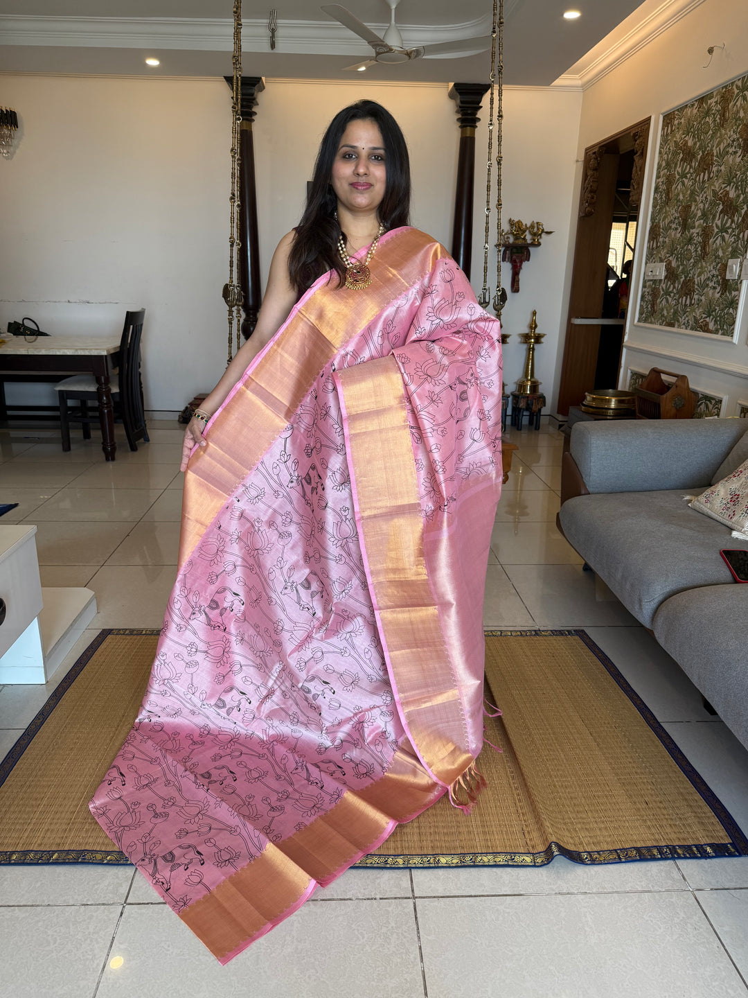 Baby Pink with rich Gold tissue border and rich Tissue Pallu , Pichwai outline printed Silk Cotton Saree