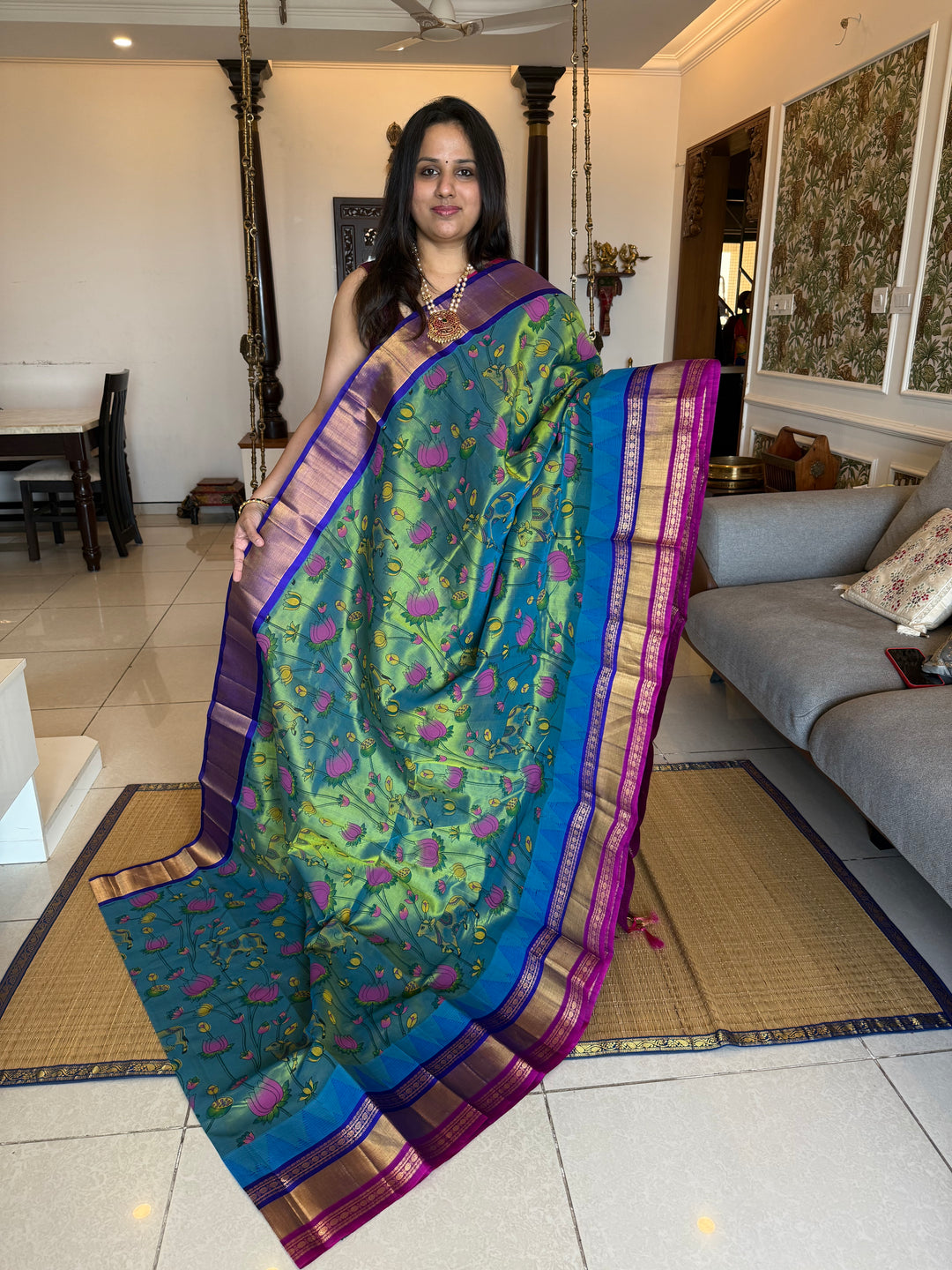 Mayilkazhuthu with Blue , Triple colour one side big Temple border , Pichwai printed Korvai Silk Cotton Saree