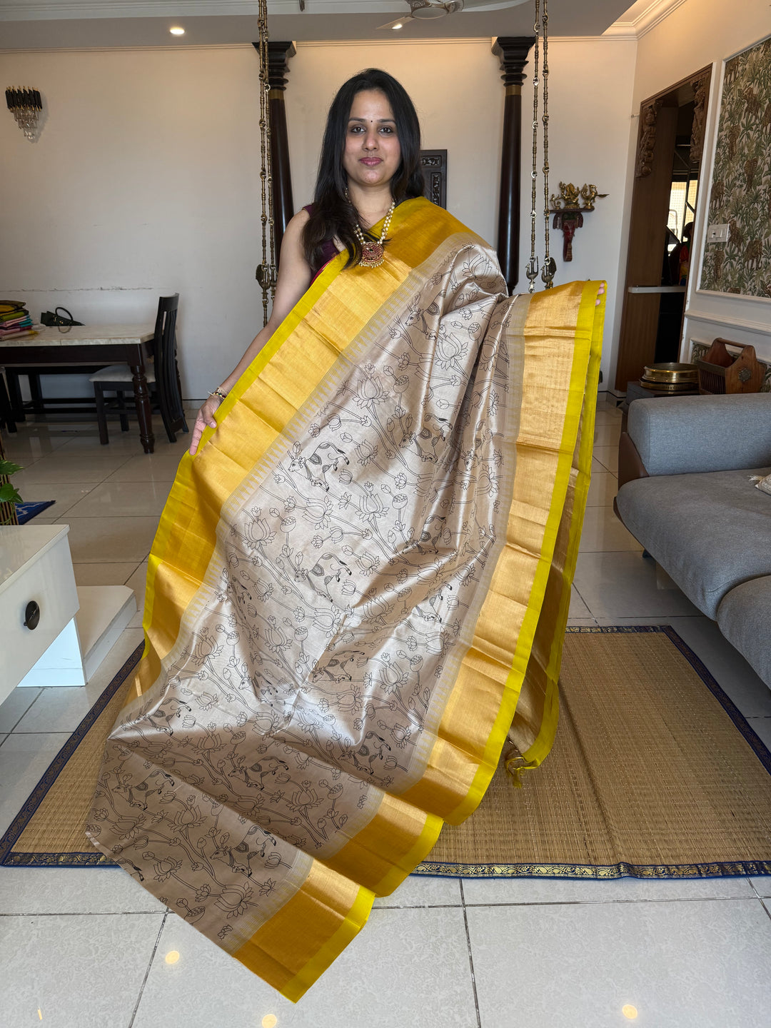 Beige with Lemon Yellow, Tissue Borders and Rich Pallu ,Pichwai Outline Printed Korvai Silk Cotton Saree
