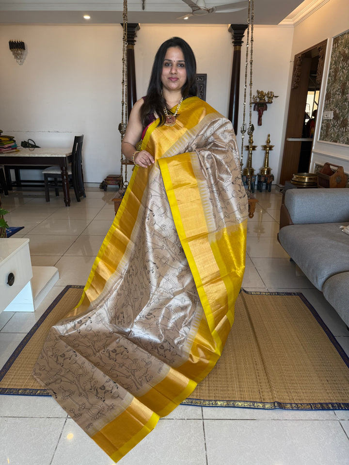 Beige with Lemon Yellow, Tissue Borders and Rich Pallu ,Pichwai Outline Printed Korvai Silk Cotton Saree