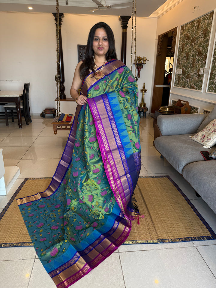 Mayilkazhuthu with Blue , Triple colour one side big Temple border , Pichwai printed Korvai Silk Cotton Saree