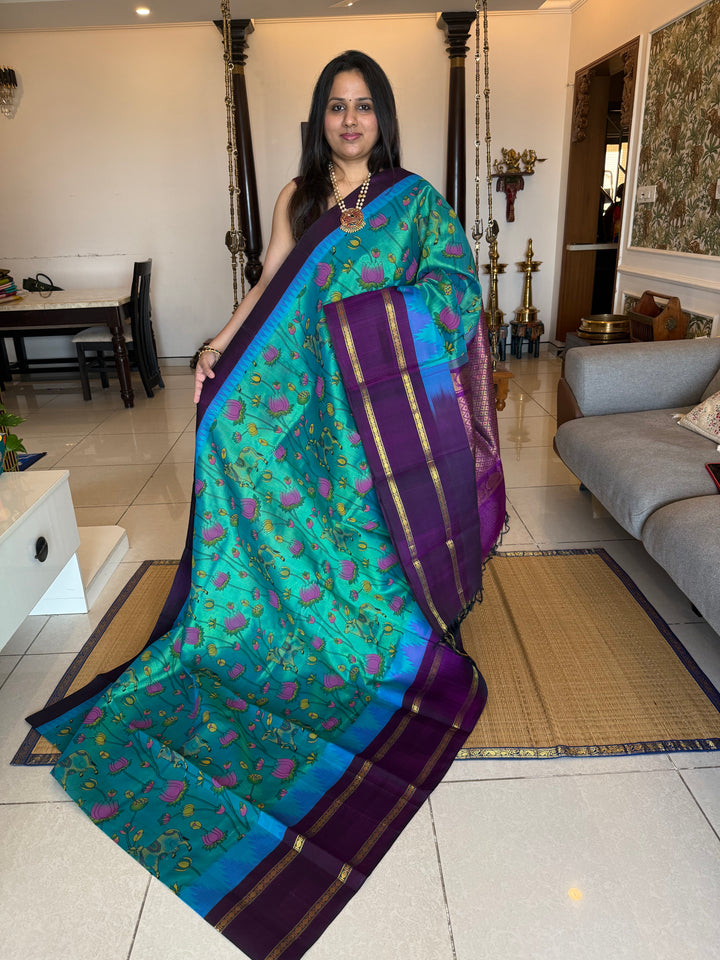 Ramar Blue with Purple ,one side rettapet big temple border and  rich Pallu , Pichwai printed Korvai Silk Cotton Saree