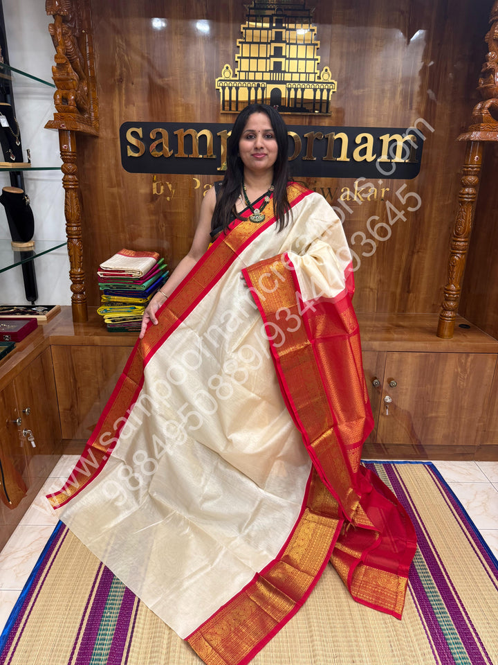 Offwhite with Bright Red , One side long traditional borders and rich Pallu Korvai Silk Cotton Saree