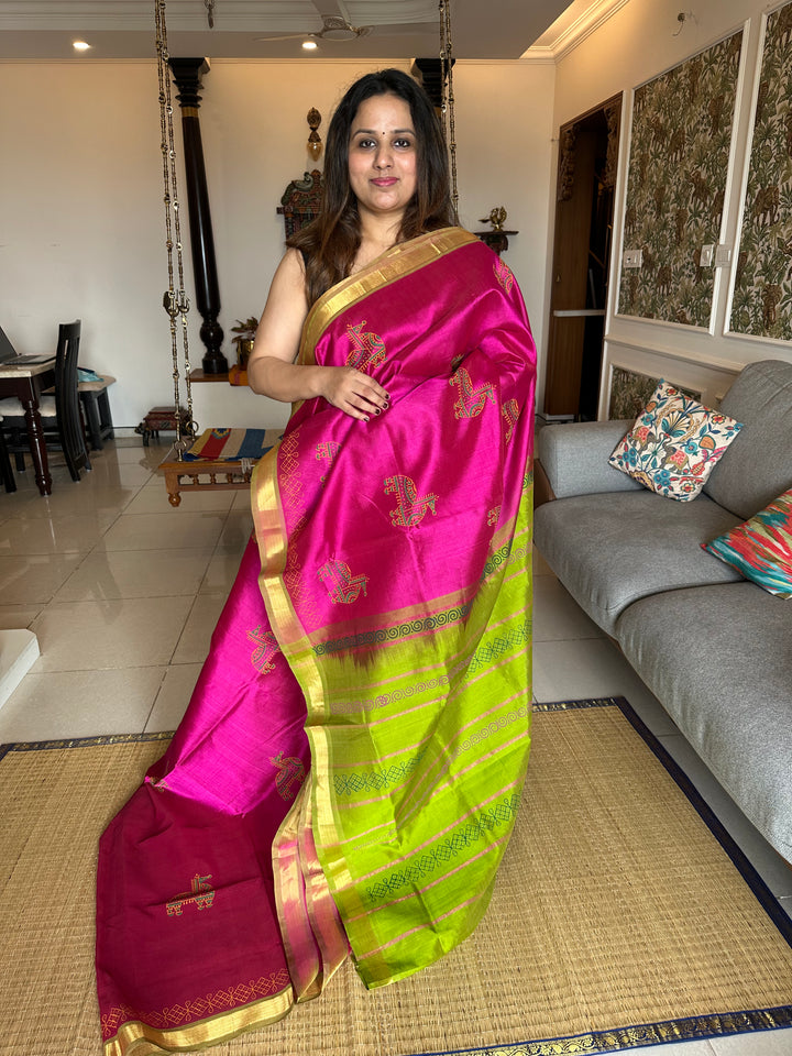 Magenta And Green Terracota Handblock Printed Silk Cotton Saree