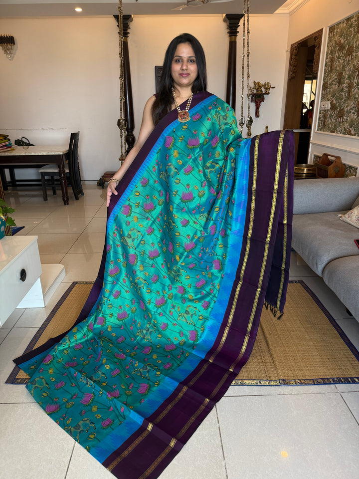 Ramar Blue with Purple ,one side rettapet big temple border and  rich Pallu , Pichwai printed Korvai Silk Cotton Saree