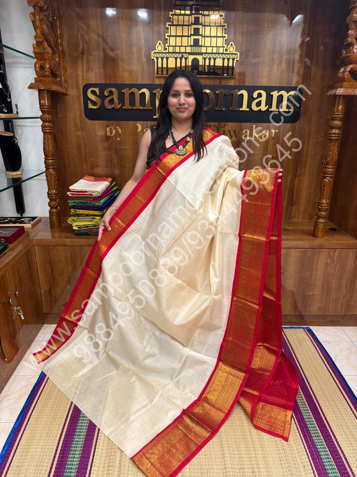 Offwhite with Bright Red , One side long traditional borders and rich Pallu Korvai Silk Cotton Saree