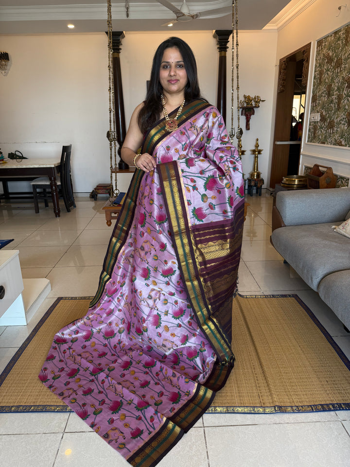Lavender with Brown traditional borders and rich Pallu , Pichwai printed Korvai Silk Cotton Saree
