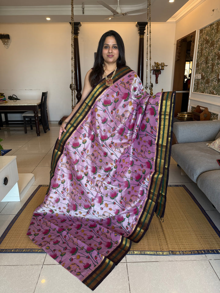 Lavender with Brown traditional borders and rich Pallu , Pichwai printed Korvai Silk Cotton Saree