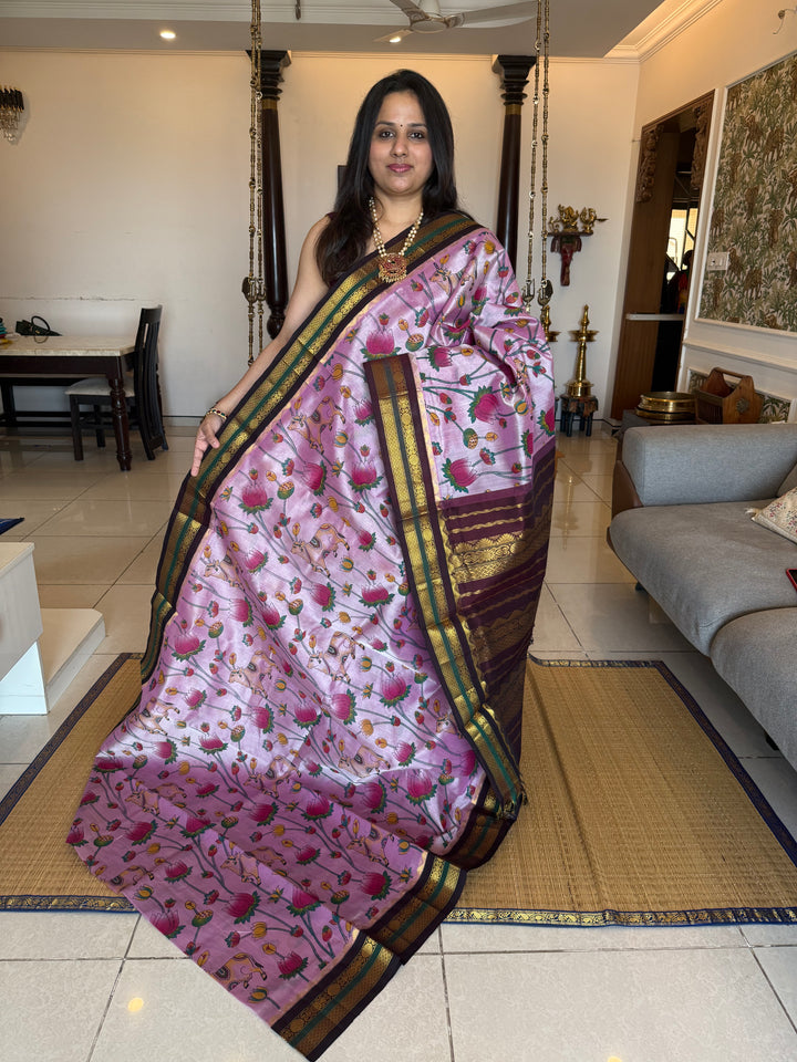 Lavender with Brown traditional borders and rich Pallu , Pichwai printed Korvai Silk Cotton Saree