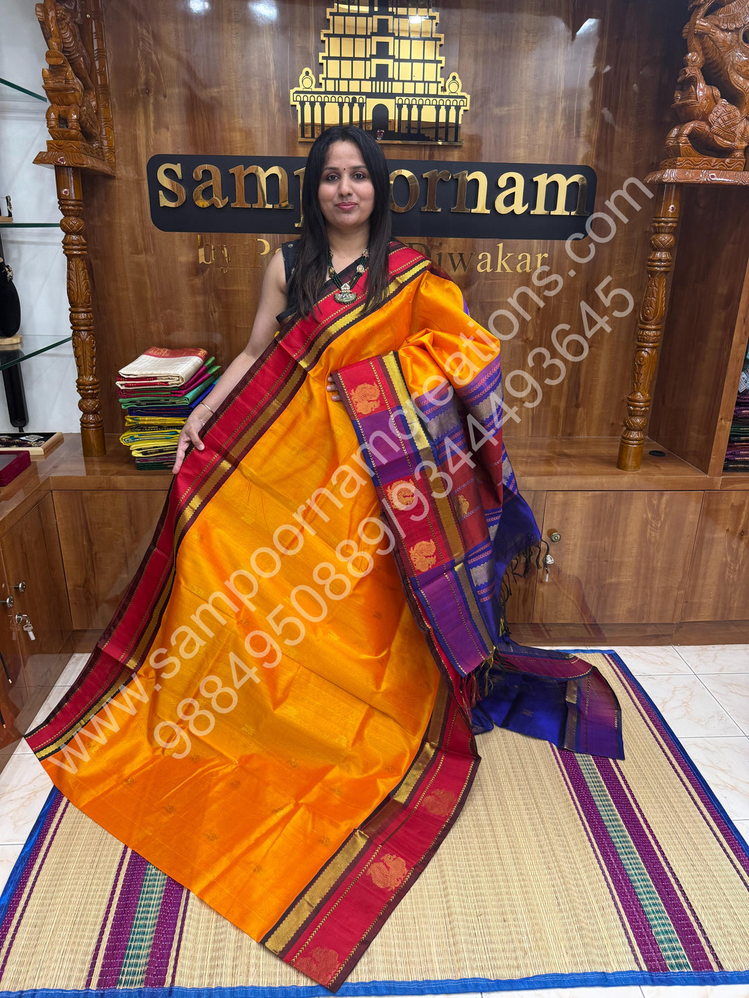 Mambazha Manjal With Indigo Blue  , rich Zari Mango and Annam Butta in the body ,traditional Borders and Grand Pallu Korvai Silk Cotton Saree
