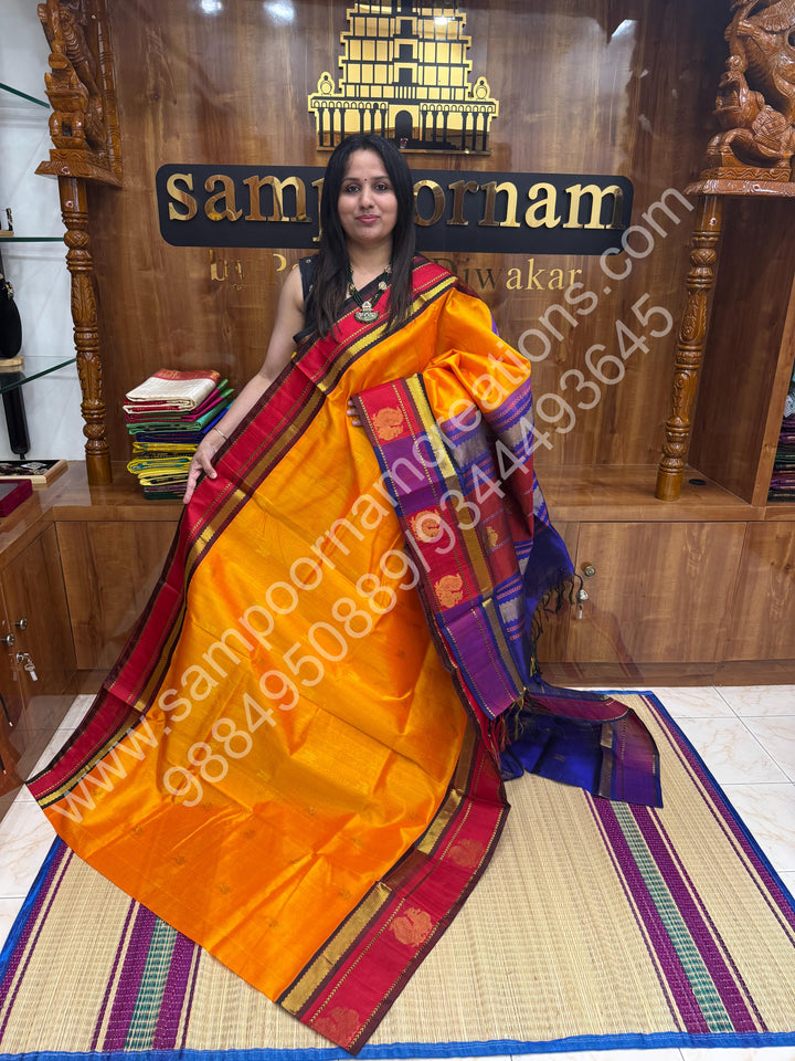 Mambazha Manjal With Indigo Blue  , rich Zari Mango and Annam Butta in the body ,traditional Borders and Grand Pallu Korvai Silk Cotton Saree