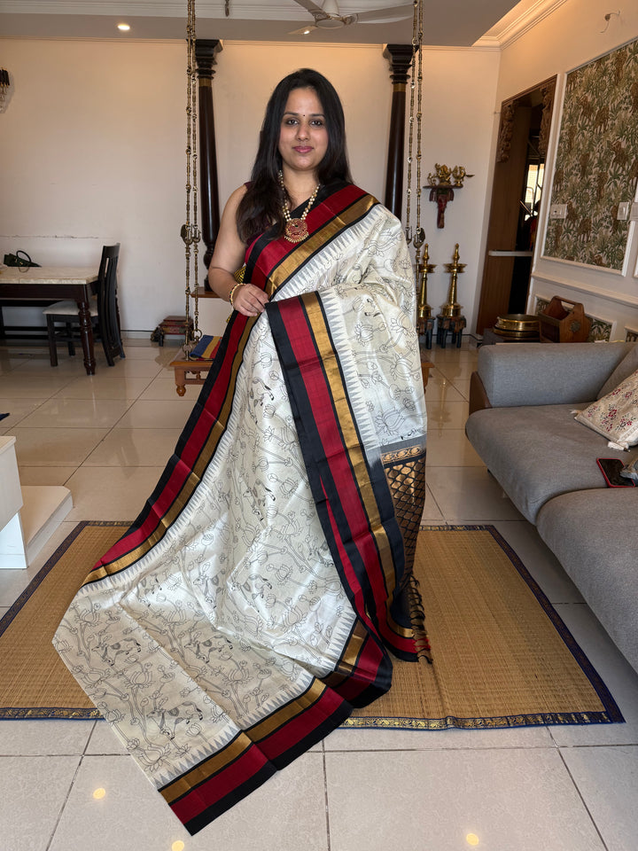 Offwhite with Black ,Triple Temple Border,Rich Pallu ,Pichwai Outline Printed Korvai Silk Cotton Saree