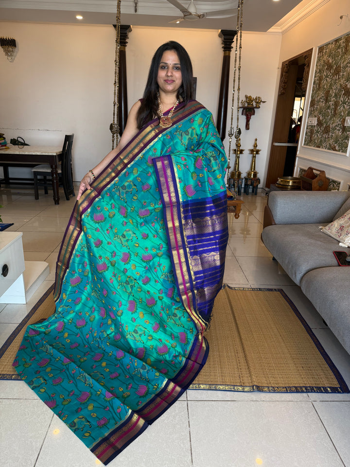 Ramar Blue with Ganga Jamuna borders Blue and Purple ,  rich Pallu , Pichwai printed Korvai Silk Cotton Saree