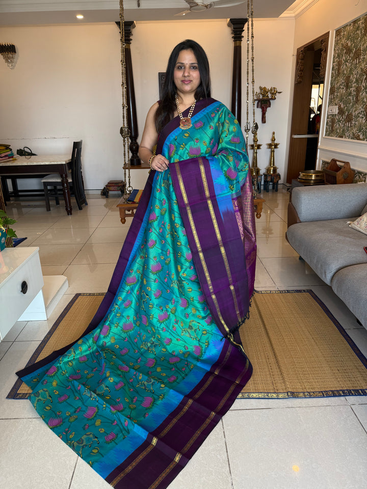 Ramar Blue with Purple ,one side rettapet big temple border and  rich Pallu , Pichwai printed Korvai Silk Cotton Saree