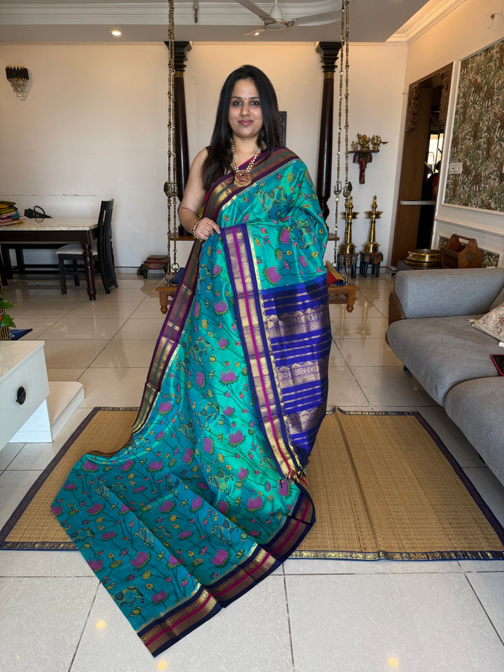 Ramar Blue with Ganga Jamuna borders Blue and Purple ,  rich Pallu , Pichwai printed Korvai Silk Cotton Saree