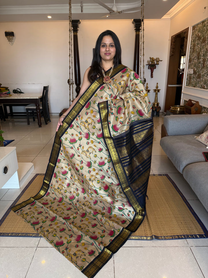 Light Beige with Black Traditional Mayil Border and Rich Pallu Korvai Silk Cotton Saree