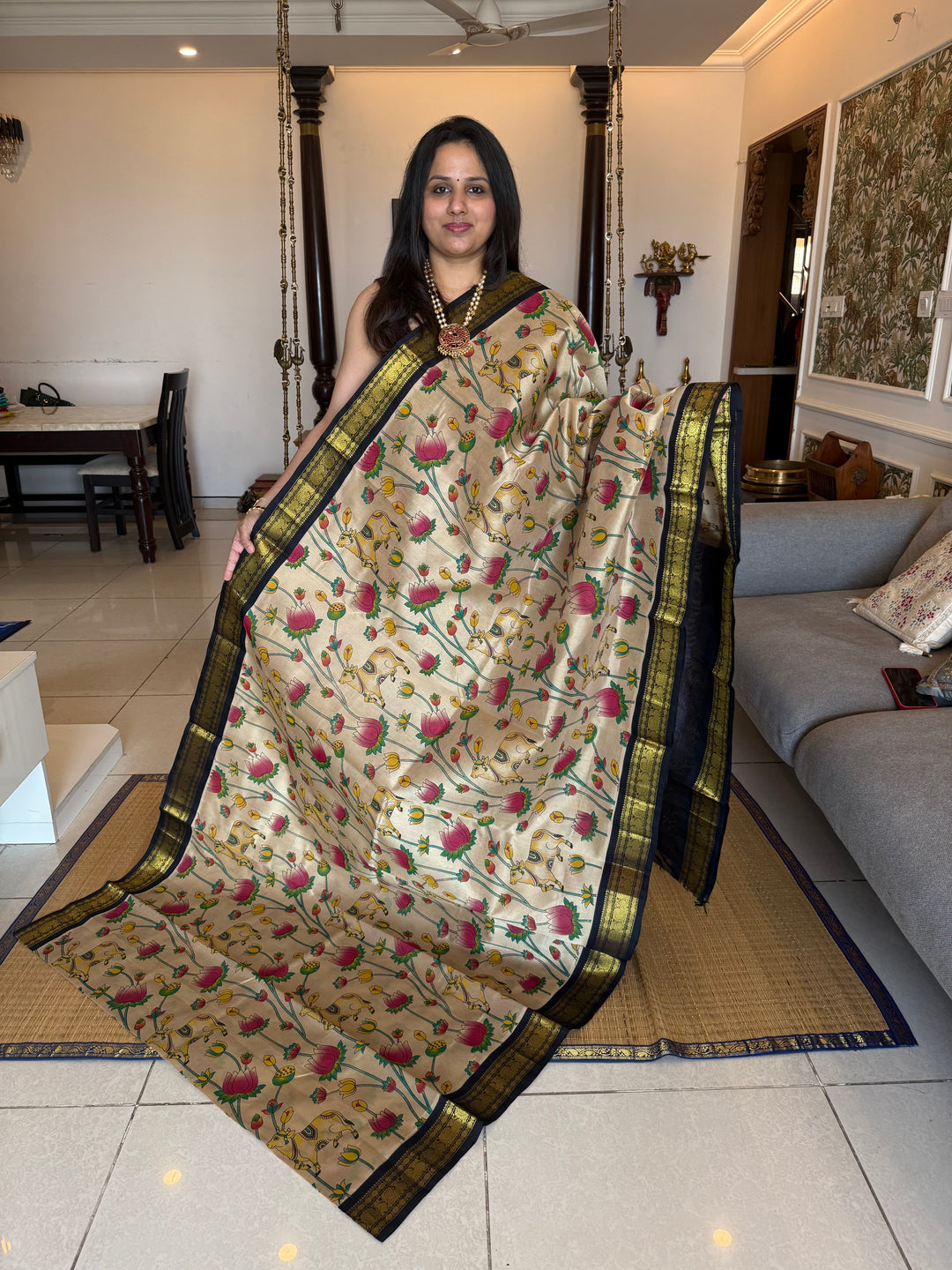 Light Beige with Black Traditional Mayil Border and Rich Pallu Korvai Silk Cotton Saree