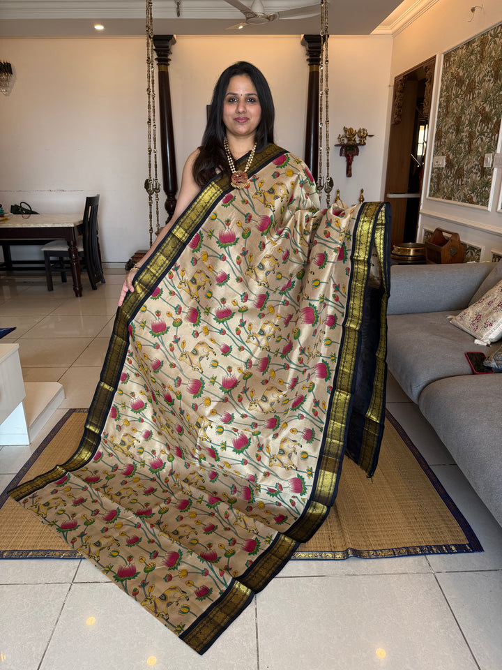 Light Beige with Black Traditional Mayil Border and Rich Pallu Korvai Silk Cotton Saree