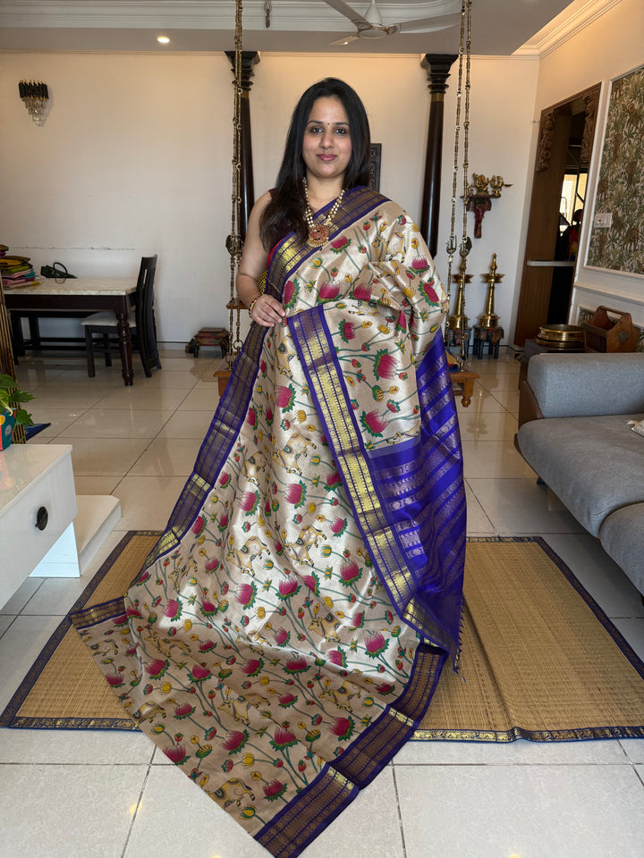 Beige with Blue traditional borders and  rich Pallu , Pichwai printed Korvai Silk Cotton Saree