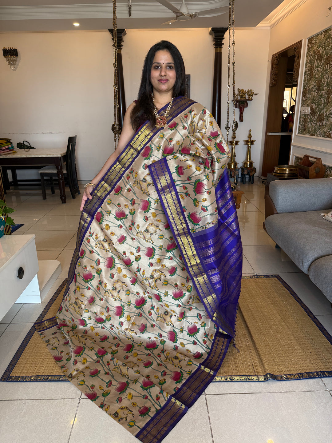 Beige with Blue traditional borders and  rich Pallu , Pichwai printed Korvai Silk Cotton Saree