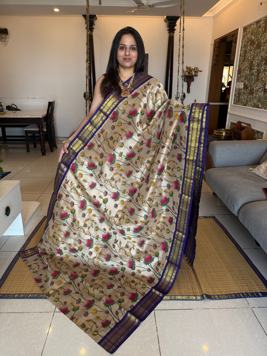 Beige with Blue traditional borders and  rich Pallu , Pichwai printed Korvai Silk Cotton Saree