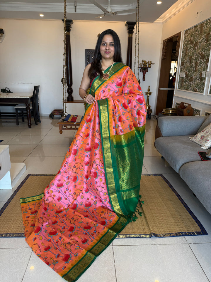 Pink with Green Traditional Temple Borders, and Rich Pallu Korvai Silk Cotton Saree