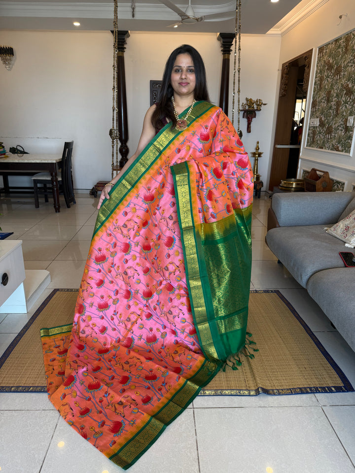 Pink with Green Traditional Temple Borders, and Rich Pallu Korvai Silk Cotton Saree