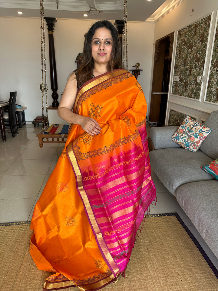 Orange and Pink Kolam Handblock Printed Silk Cotton Saree