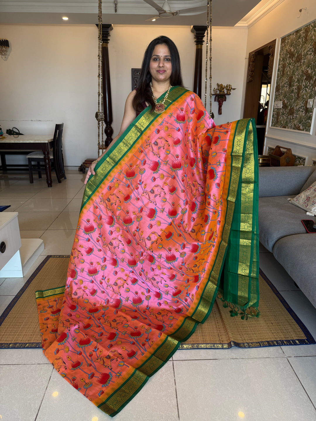 Pink with Green Traditional Temple Borders, and Rich Pallu Korvai Silk Cotton Saree