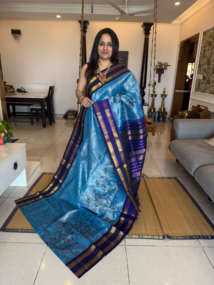 Steel Blue with Dark Blue rettapet border, rich Pallu Radhakrishna printed Korvai Silk Cotton Saree