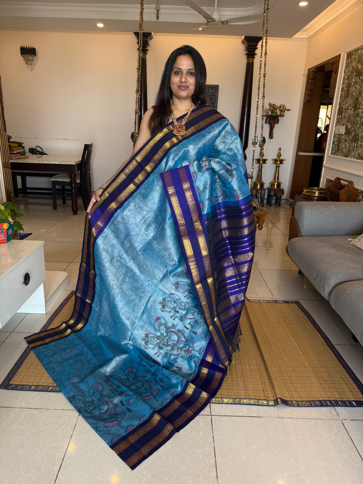 Steel Blue with Dark Blue rettapet border, rich Pallu Radhakrishna printed Korvai Silk Cotton Saree