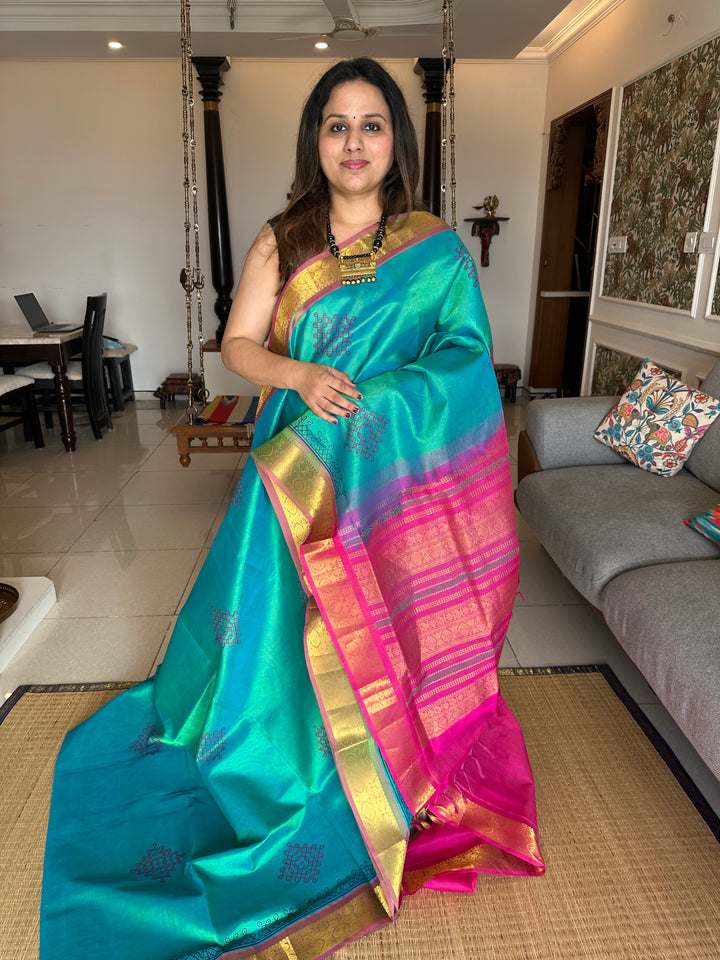 Ramar Blue With Pink Kolam Handblock Printed Silk Cotton Saree