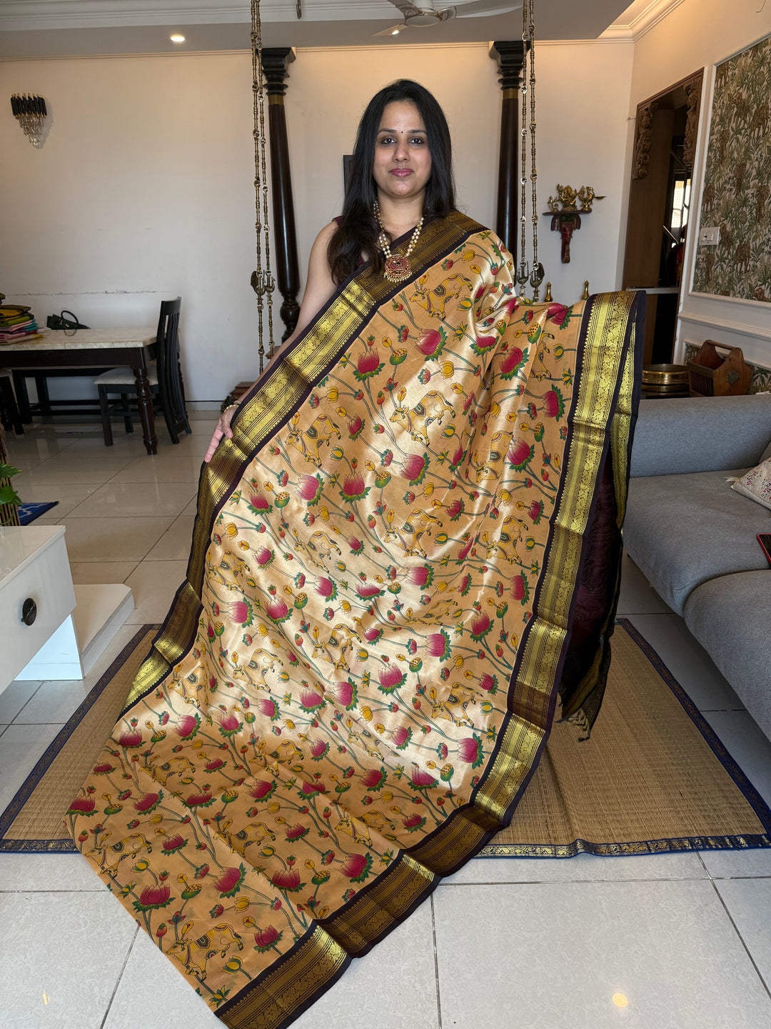 Light Gold with Brown Traditional Borders, and Rich Pallu Korvai Silk Cotton Saree