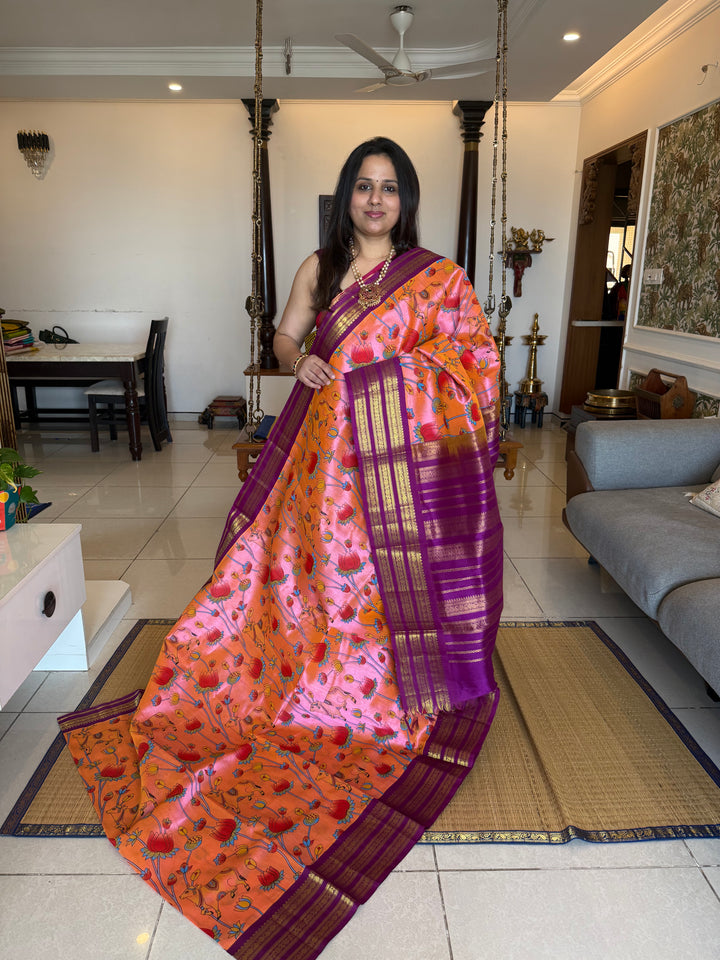 Pink with Magenta traditional rich borders and grand Pallu , Pichwai printed Korvai Silk Cotton Saree