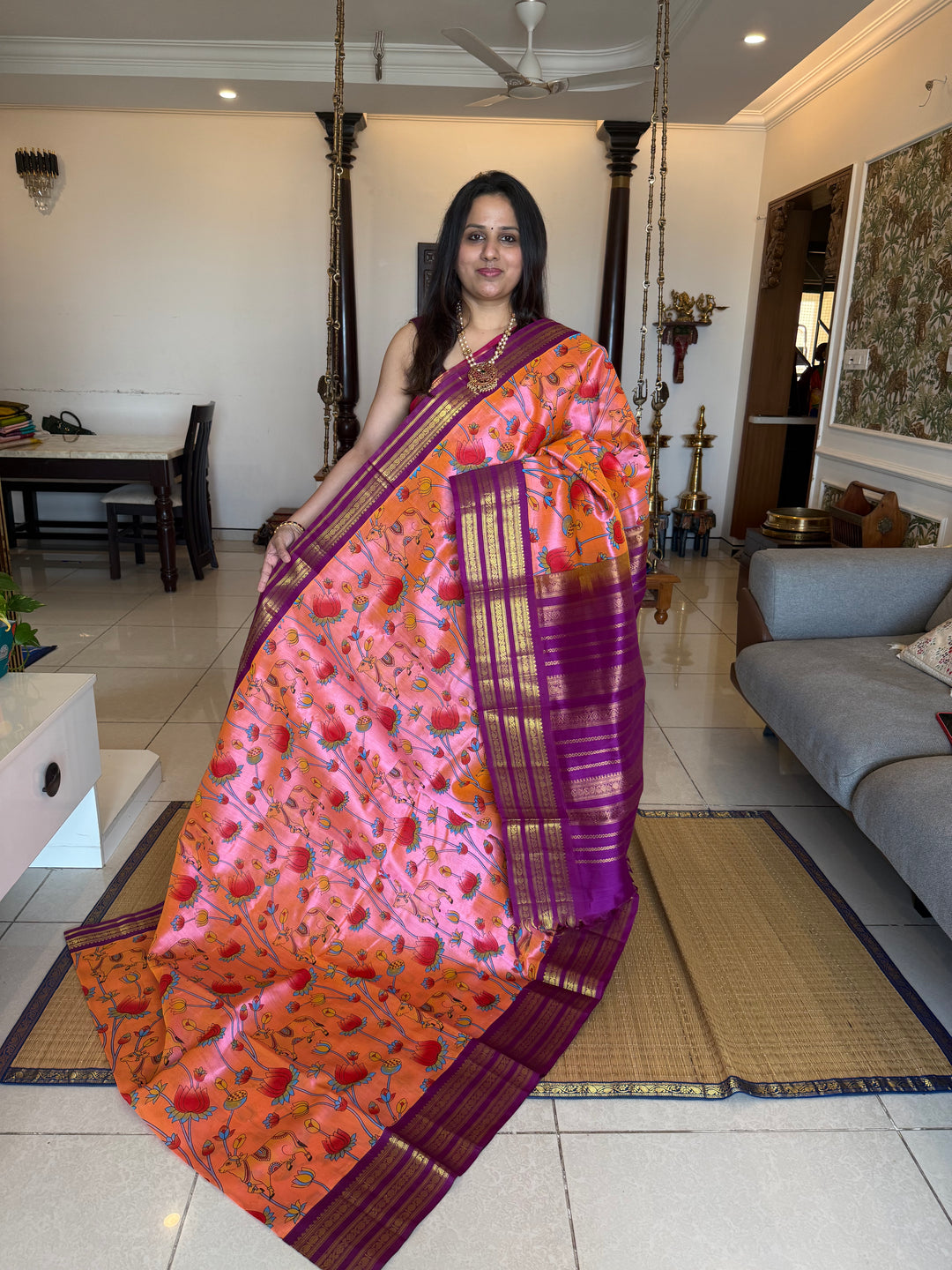 Pink with Magenta traditional rich borders and grand Pallu , Pichwai printed Korvai Silk Cotton Saree