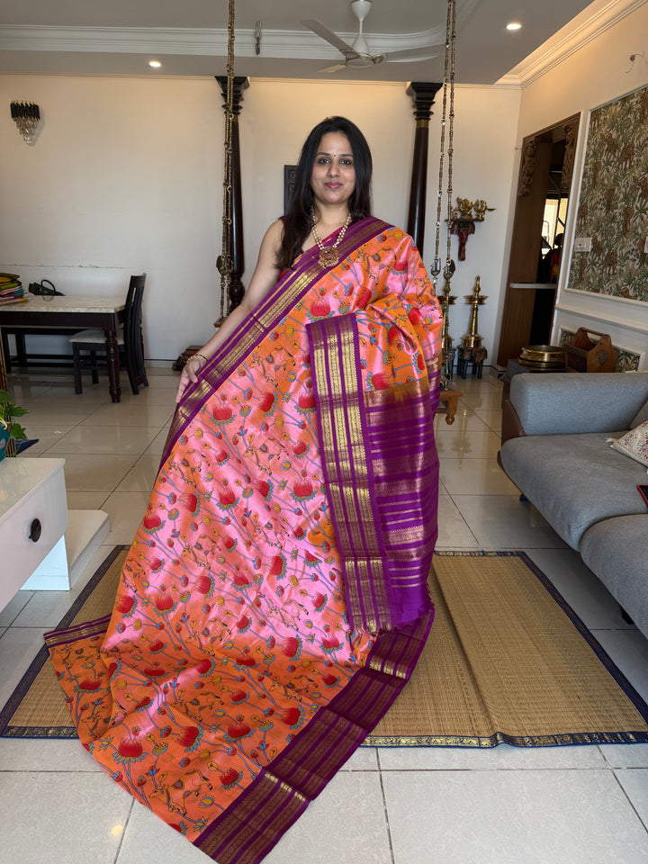 Pink with Magenta traditional rich borders and grand Pallu , Pichwai printed Korvai Silk Cotton Saree