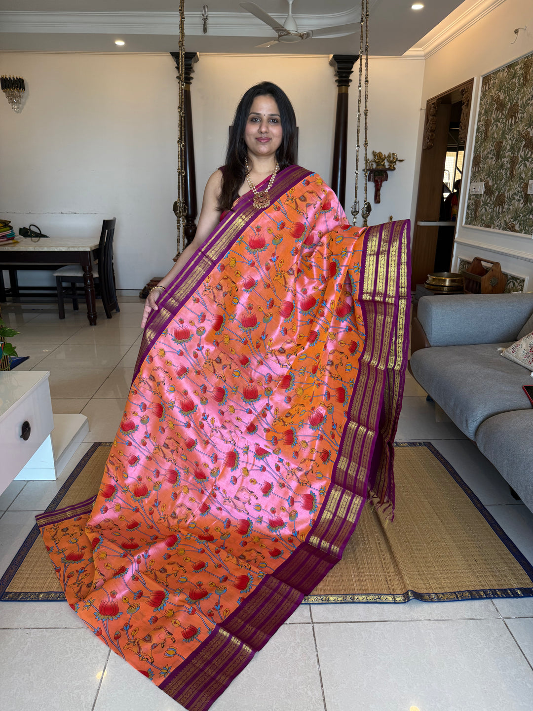 Pink with Magenta traditional rich borders and grand Pallu , Pichwai printed Korvai Silk Cotton Saree