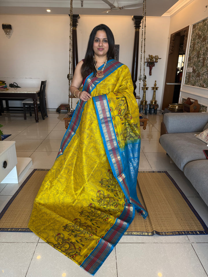 Yellow with Copper Sulphate Blue , Rudraksh border rich Pallu Radhakrishna printed Korvai Silk Cotton Saree