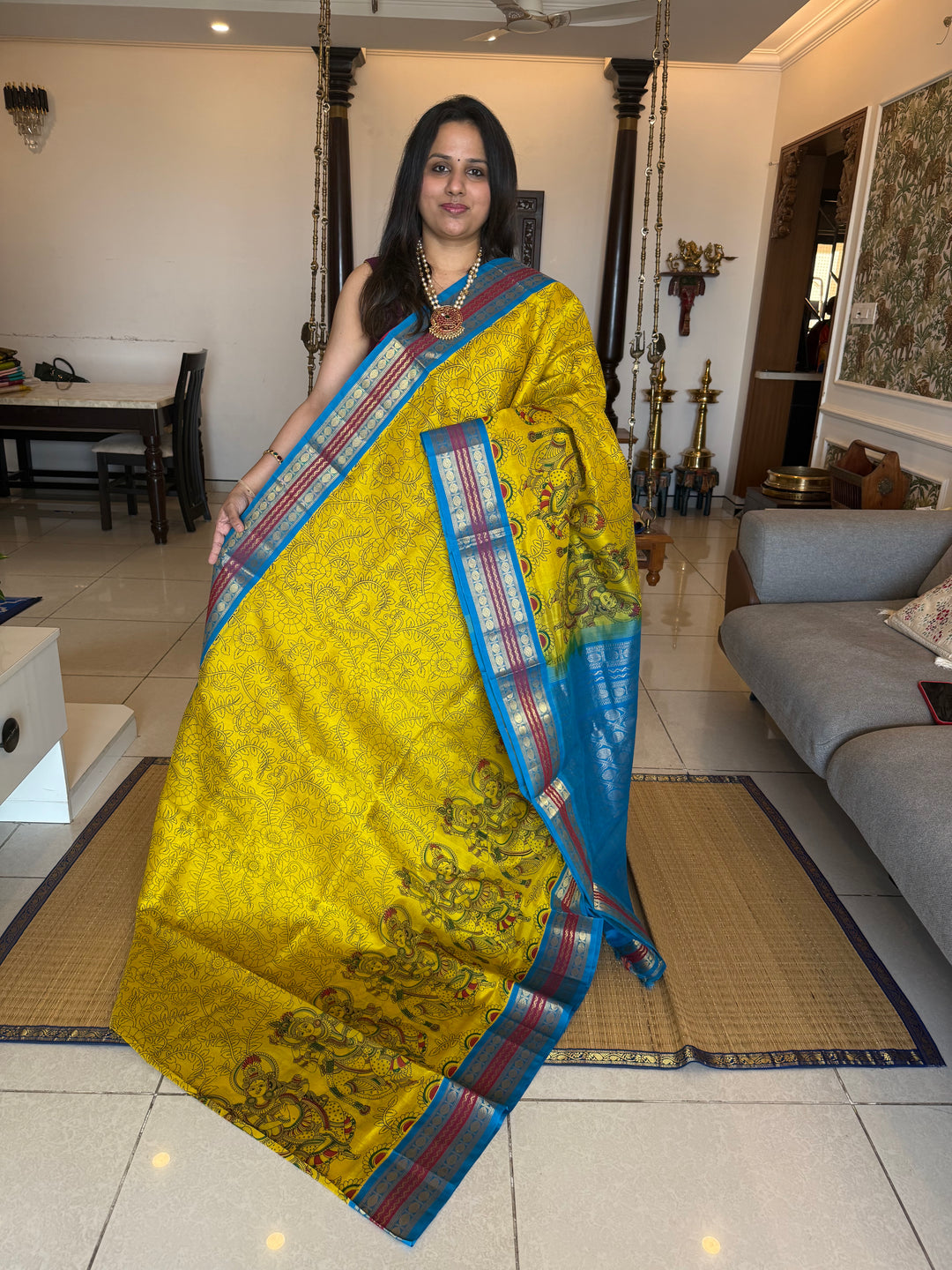 Yellow with Copper Sulphate Blue , Rudraksh border rich Pallu Radhakrishna printed Korvai Silk Cotton Saree