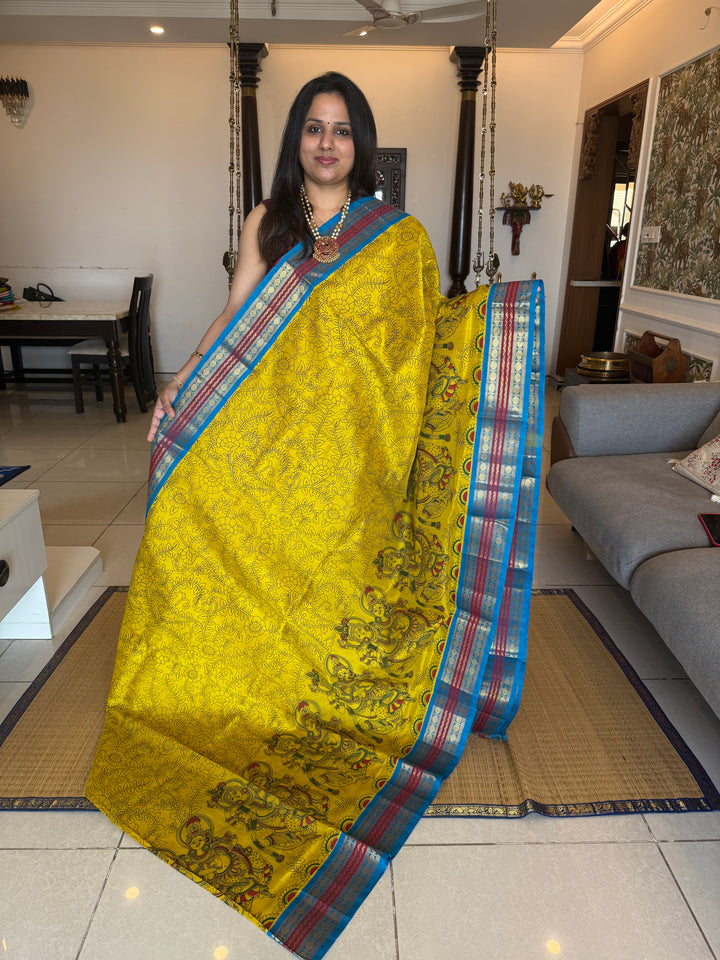 Yellow with Copper Sulphate Blue , Rudraksh border rich Pallu Radhakrishna printed Korvai Silk Cotton Saree