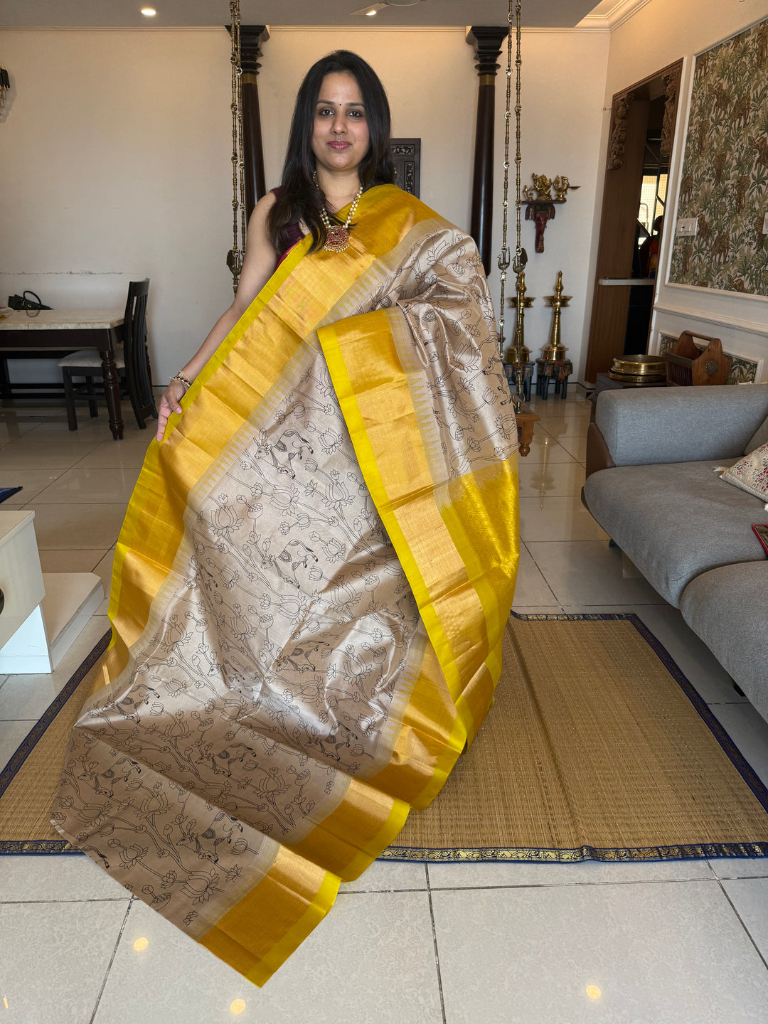 Beige with Lemon Yellow, Tissue Borders and Rich Pallu ,Pichwai Outline Printed Korvai Silk Cotton Saree