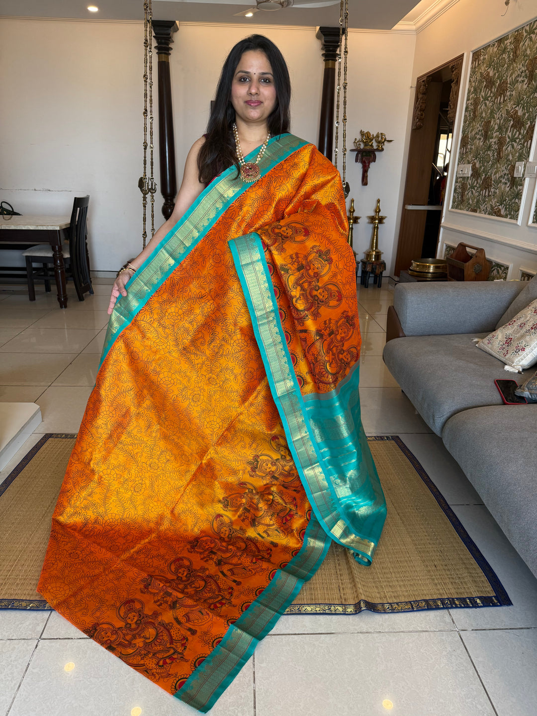 Orange with Turquoise Blue  traditional borders ,rich Pallu Radhakrishna printed Korvai Silk Cotton Saree