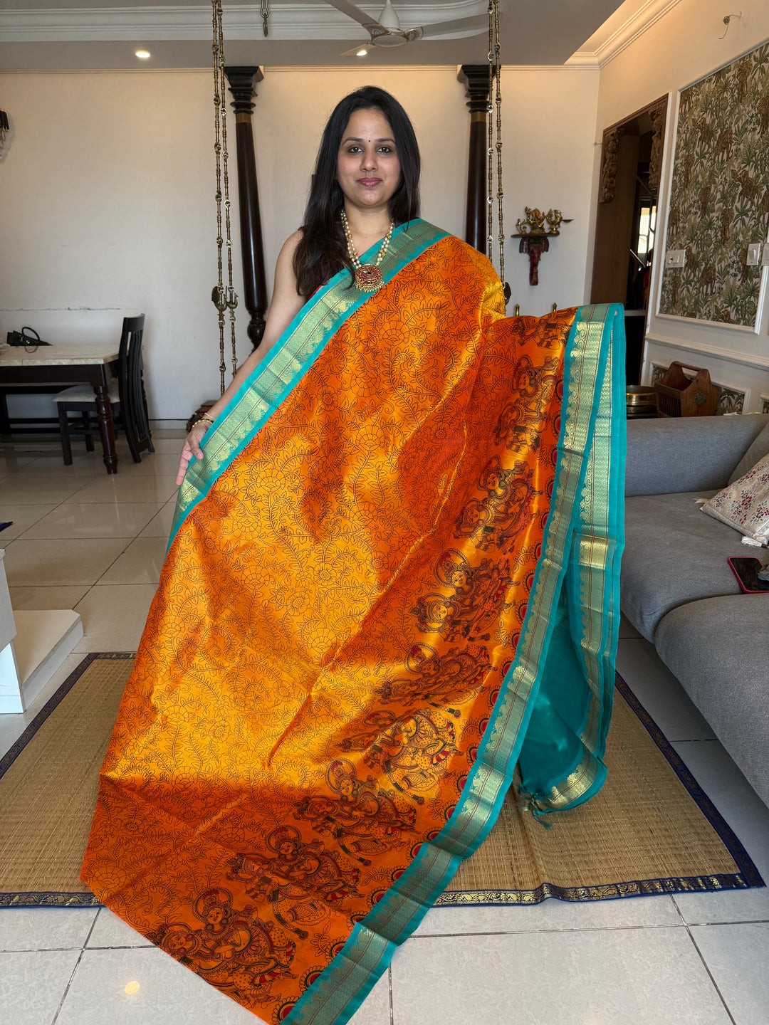 Orange with Turquoise Blue  traditional borders ,rich Pallu Radhakrishna printed Korvai Silk Cotton Saree