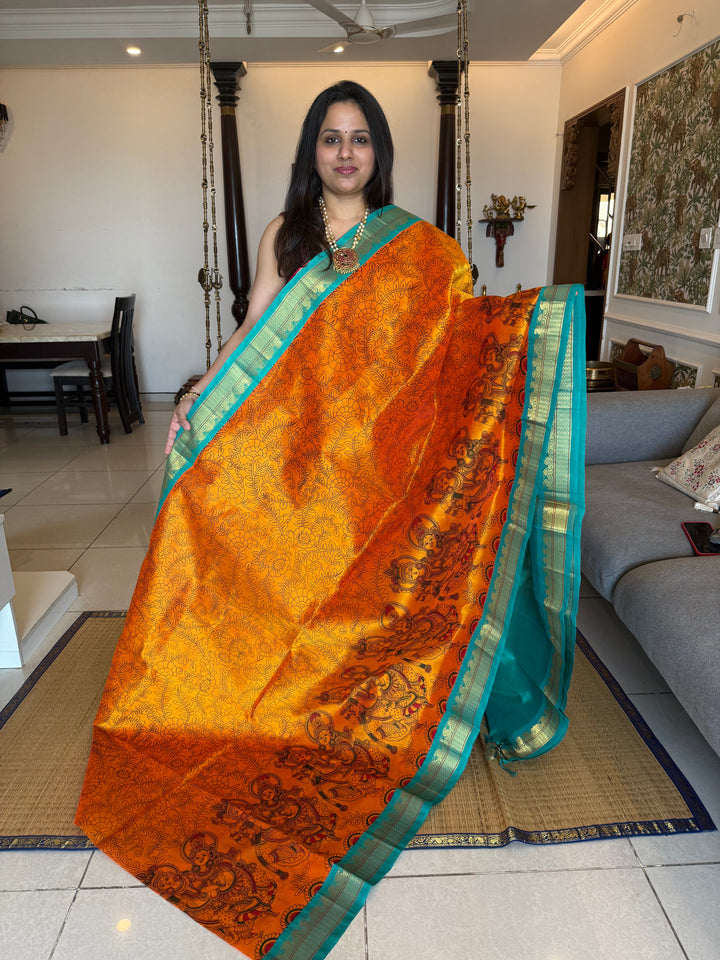 Orange with Turquoise Blue  traditional borders ,rich Pallu Radhakrishna printed Korvai Silk Cotton Saree