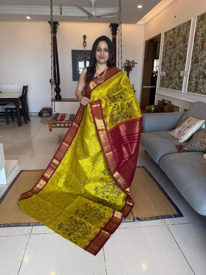 Lemon Yellow with Dark Red traditional borders , rich Pallu Radhakrishna printed Korvai Silk Cotton Saree