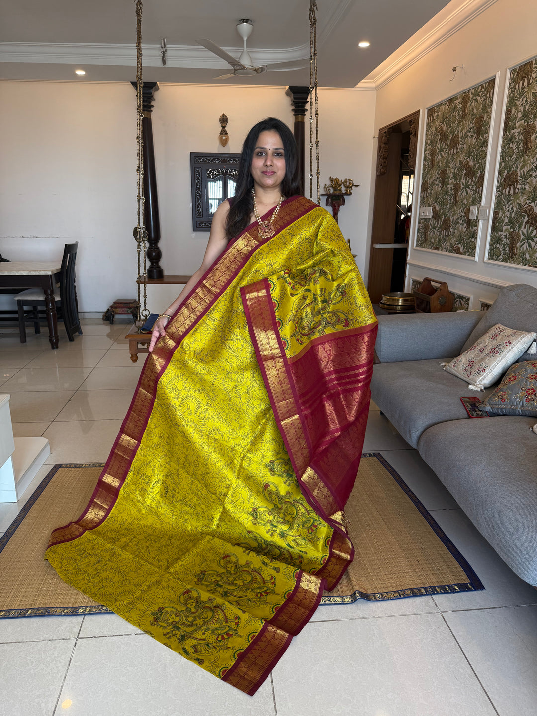 Lemon Yellow with Dark Red traditional borders , rich Pallu Radhakrishna printed Korvai Silk Cotton Saree