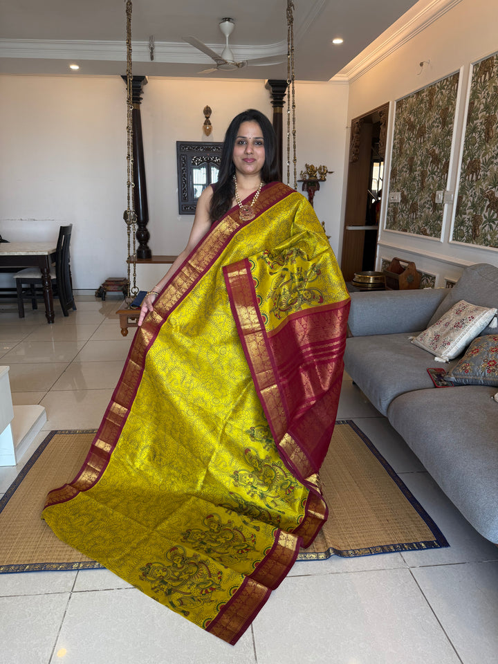 Lemon Yellow with Dark Red traditional borders , rich Pallu Radhakrishna printed Korvai Silk Cotton Saree