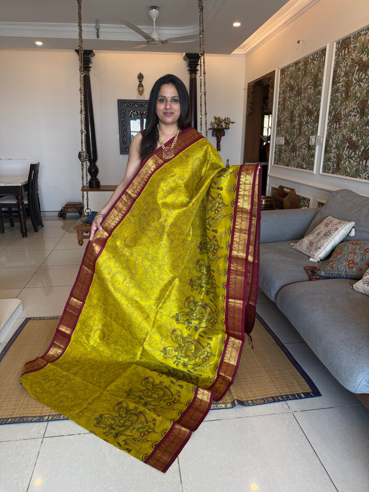 Lemon Yellow with Dark Red traditional borders , rich Pallu Radhakrishna printed Korvai Silk Cotton Saree