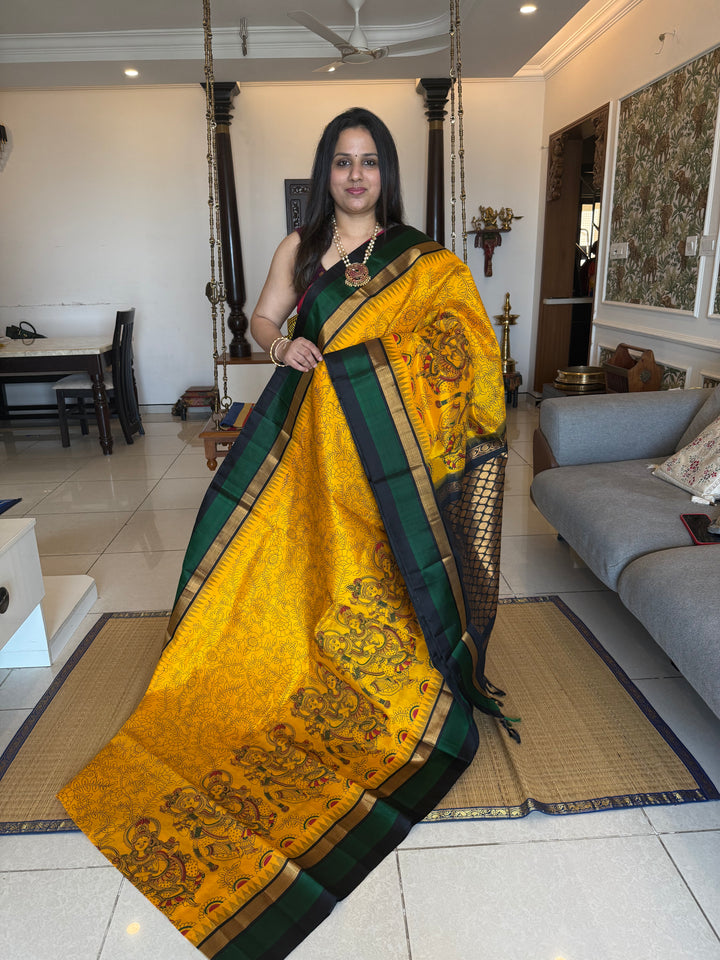 Yellow with Black , triple colour temple border ,rich Pallu Radhakrishna printed Korvai Silk Cotton Saree